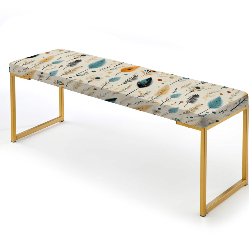 Botanical Upholstered Gold Bench, Antique Beige Vintage Minimalism Boho Pattern