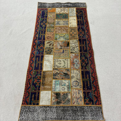 34.6x78.3 Inch Beige Wool Rug, Traditional Vintage Modern Patchwork Accent Rug