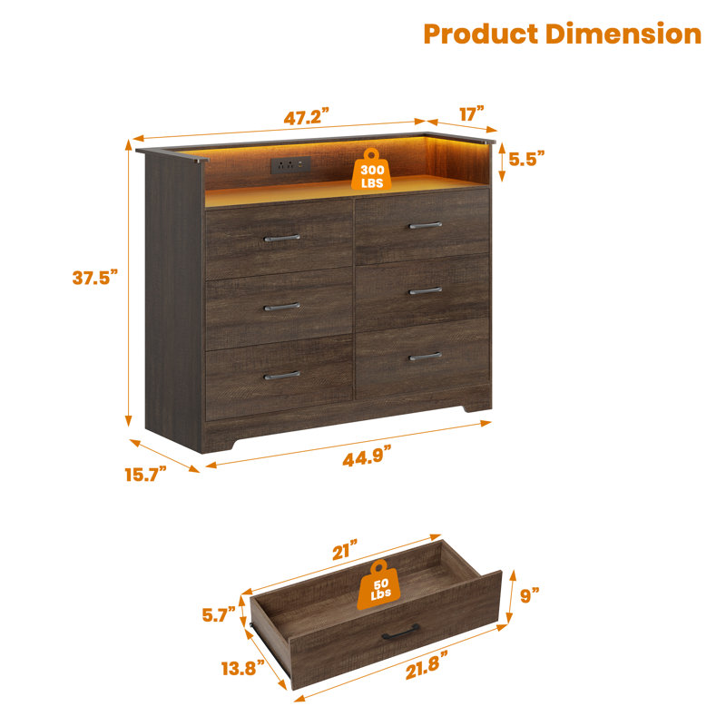 6 Drawer Dresser for Bedroom - 37” Tall Chest of Drawers with LED Light and Charging Station, Modern Organizer Cabinet with Open Shelf Table for Living Room, Entryway, Hallway,Retro