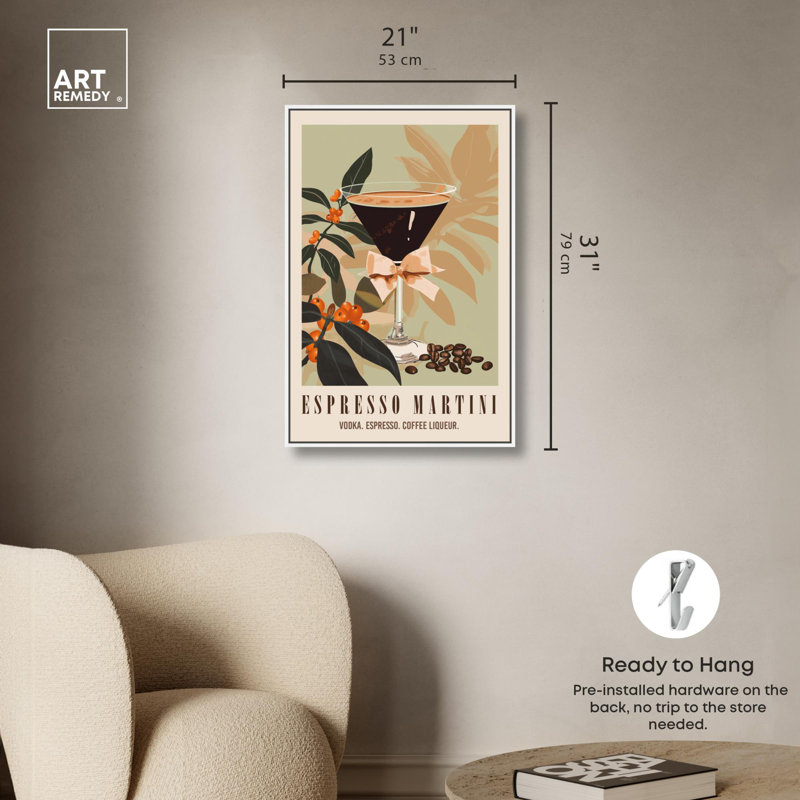 «Classy Espresso Martini Post», reproduction sur toile tendance par Art Remedy, H 31 po x l 21 po, Cadre flottant blanc