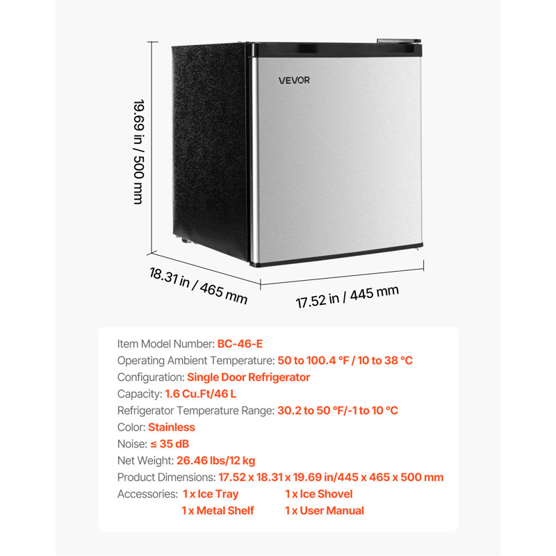 Mini Fridge 1.6 Cu.Ft Single Door Compact Small Refrigerator Stainless