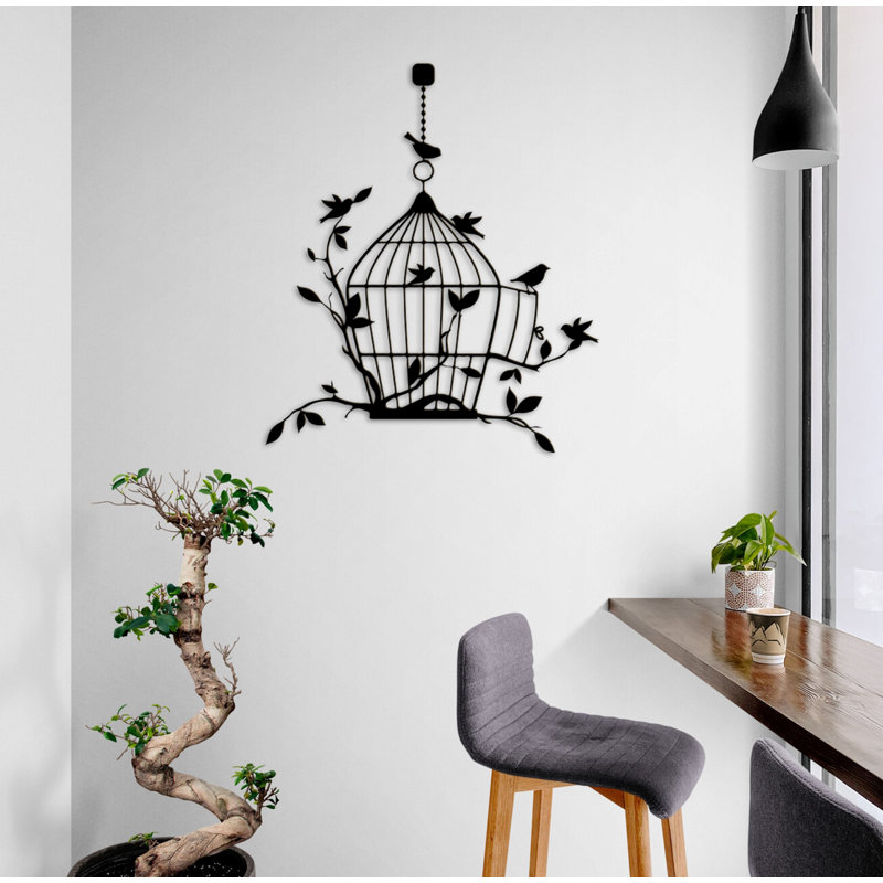 Free Birds Outside the Cage Metal Wall Decor Art for New Office & Home Decoration Housewarming Gift, Matte Black
