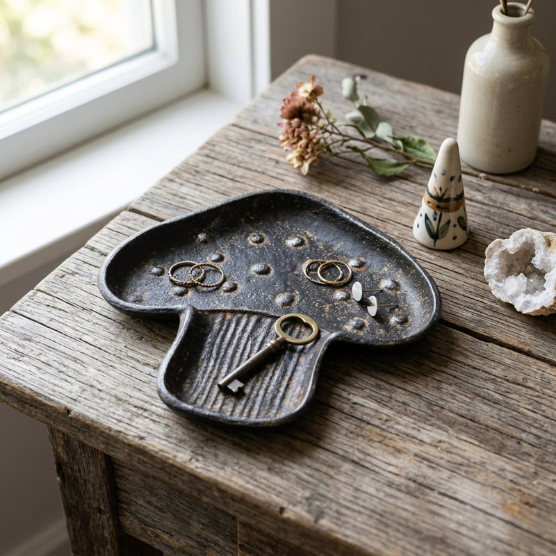 Cressida 7" Cast Iron Mushroom Catchall Dish, Black