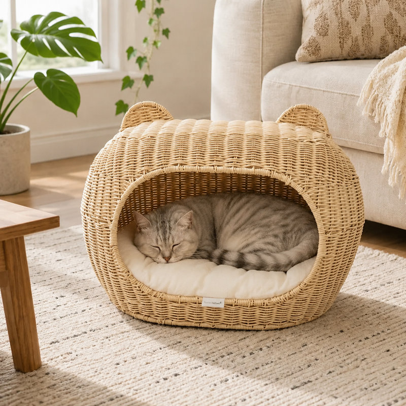 Maison de chat semi-fermée tissée à la main avec coussin, style igloo douillet pour chat et petits chiens