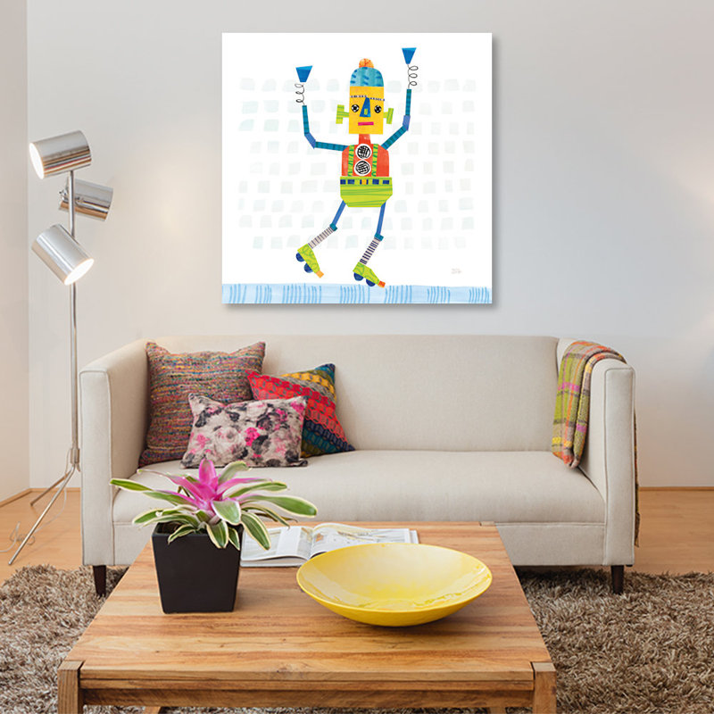 « robot party i » par melissa averinos, peinture sur toile, H 18 po x l 18 po x P 1,5 po, Toile tendue, Pas de tapis