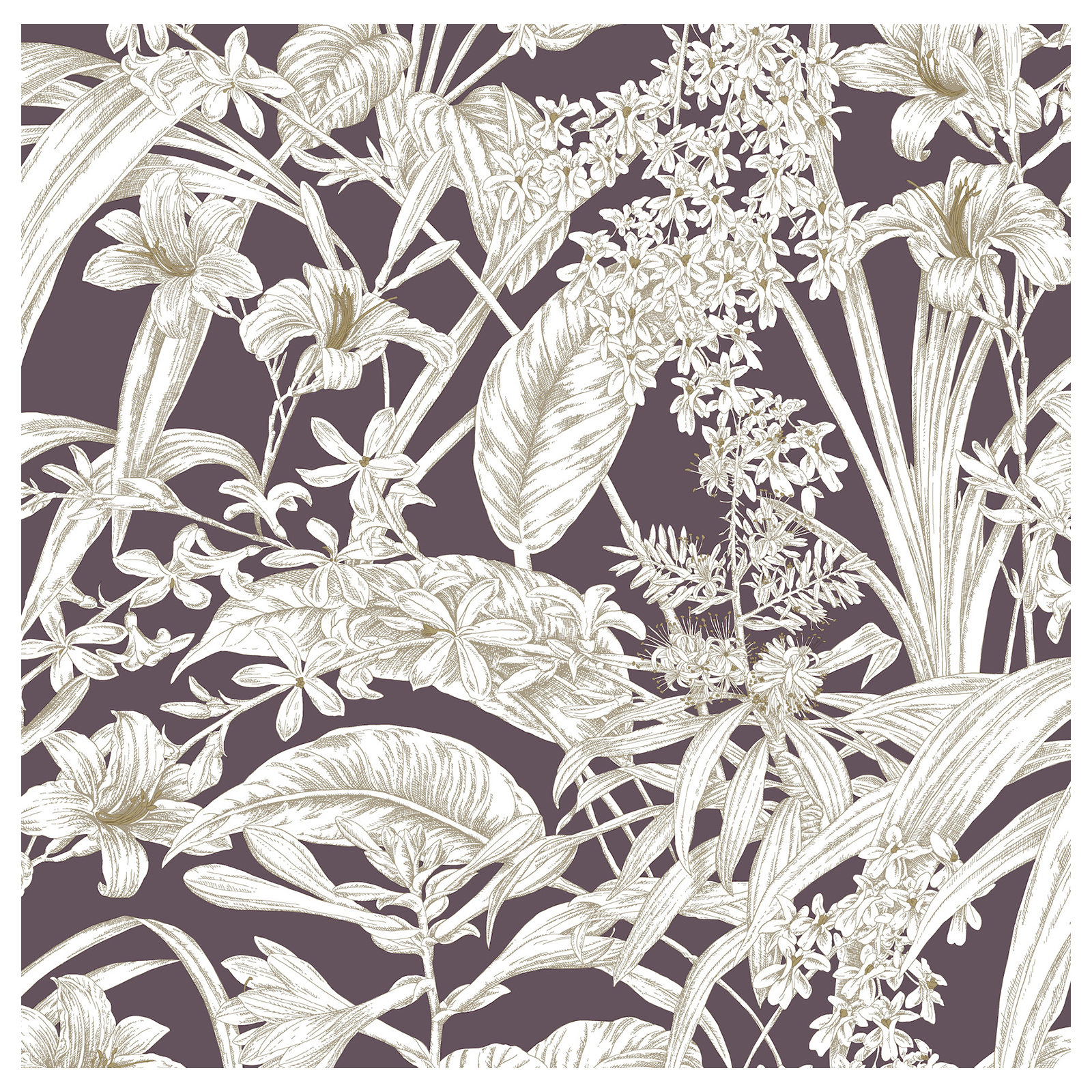 Conservatory Toile Floral,Solids Wallpaper, Mulberry