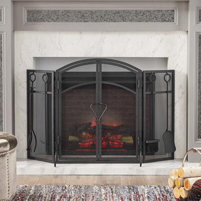 Iron Fireplace Screen With Doors And 4 Tools, Matte Black, 50.5in X 32in 5.5in Folding Black Matte, 5.54 Inches Deep 50.84 Wide