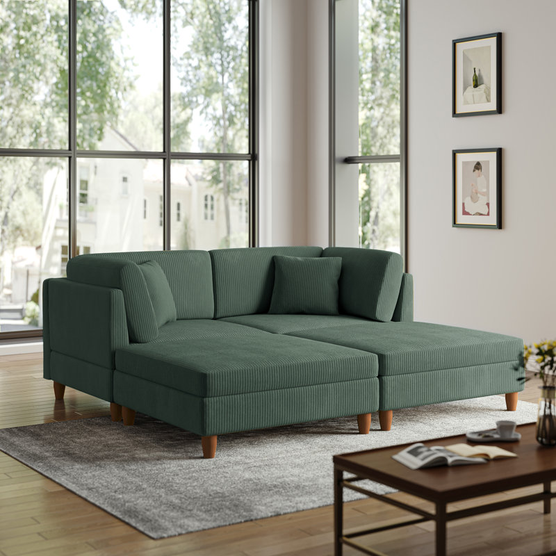 Seemab 4 - Piece Upholstered Hunter Green Corduroy Modular Sectional with Pillow Back and Removable Ottoman, Hunter Green