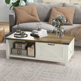Farmhouse Coffee Table With Storage And Drawer, Rustic Coffee Table For Living Room, Open Shelf, White