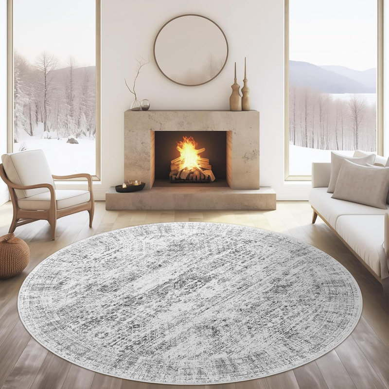 Tapis lavable rétro antidérapant (gris), Rond 5 pi