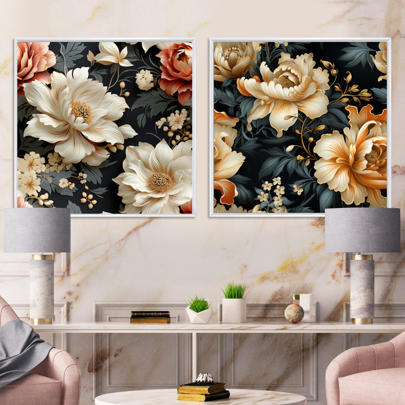 Guilhem - Ensemble de 2 collages carrés floraux, H 16 po x l 33 po, Cadre flottant blanc