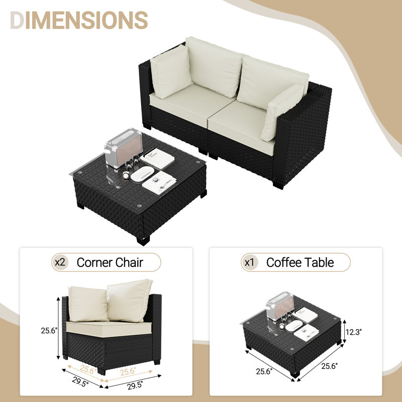 𝗙𝘂𝗹𝗹𝘆 𝗔𝘀𝘀𝗲𝗺𝗯𝗹𝗲𝗱 𝗖𝗵𝗮𝗶𝗿𝘀, Ensemble de meubles de patio pour 2 personnes Ensemble de conversation modulaire en rotin avec canapé