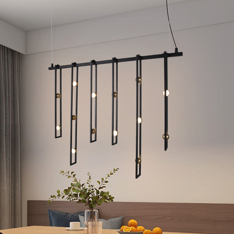 Lustre ajustable industriel moderne à cadre mince noir avec globes DEL en laiton, 15 W, 3000 K