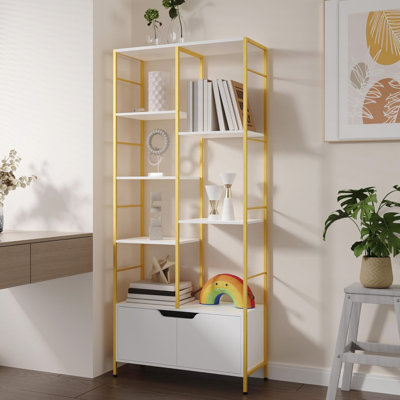 Bookshelf With Doors, 6-Tier Shelf With Storage Cabinet, 67" Tall Open Bookcase For Display, Industrial Retro Bookcase, Freestanding Storage Organizer Bookshelf For Living Room