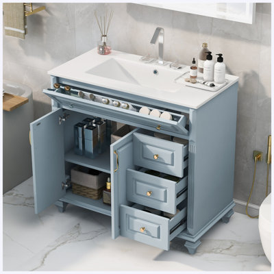 36" Bathroom Vanity with Sink, Blue Grey Solid Wood Cabinet with Flip Drawer, 3 Drawers & 2 Doors, Golden Metal Handles