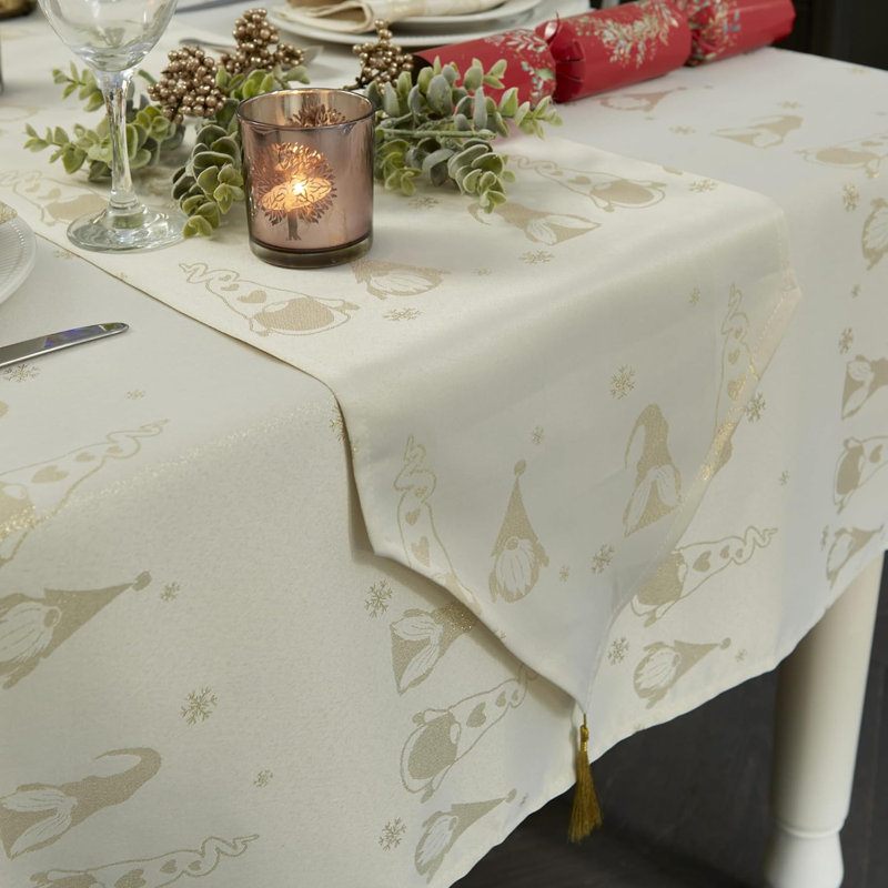Christmas Metallic Gonk Tasselled Table Runner, 244 x 13cm, Cream