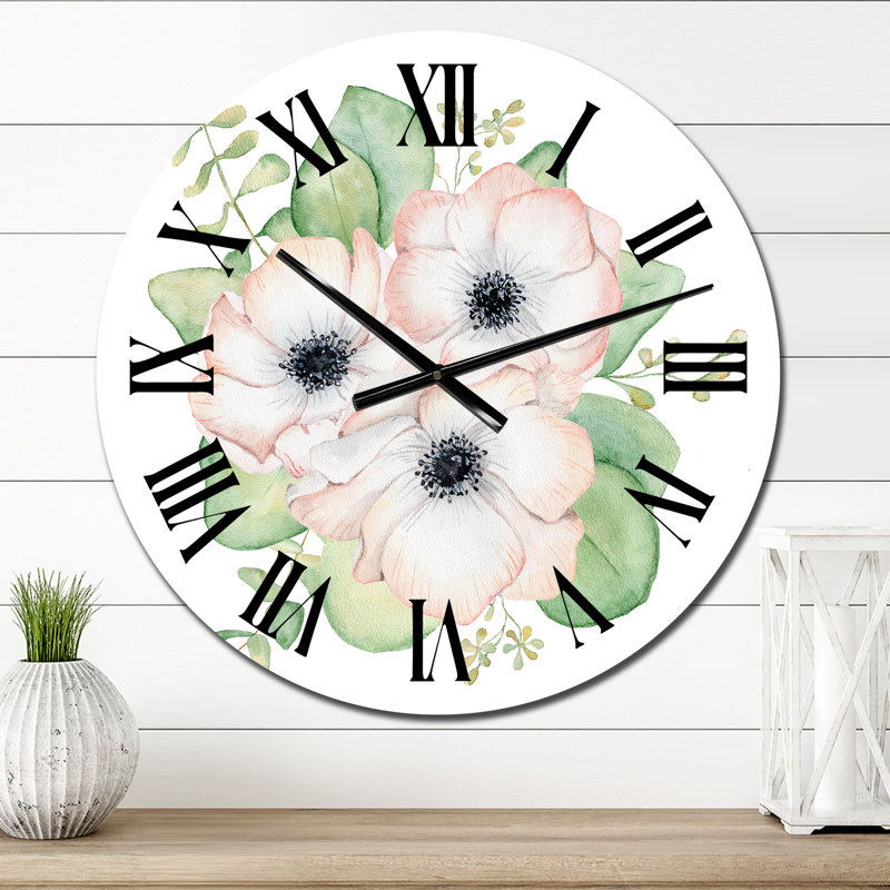 Bouquet de fleurs et de feuilles d'eucalyptus I - Horloge murale traditionnelle, Petit