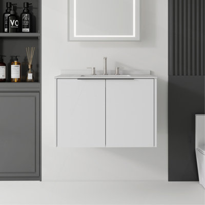 Meuble-lavabo suspendu de 91 cm avec lavabo, porte à fermeture amortie, comptoir et dosseret en marbre de Carrare reconstitué de 1,5 cm, contreplaqué