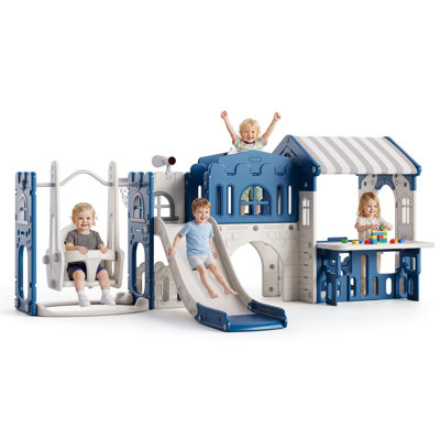 Centre de jeu 9 en 1 avec balançoire, glissade et mur d'escalade pour enfants