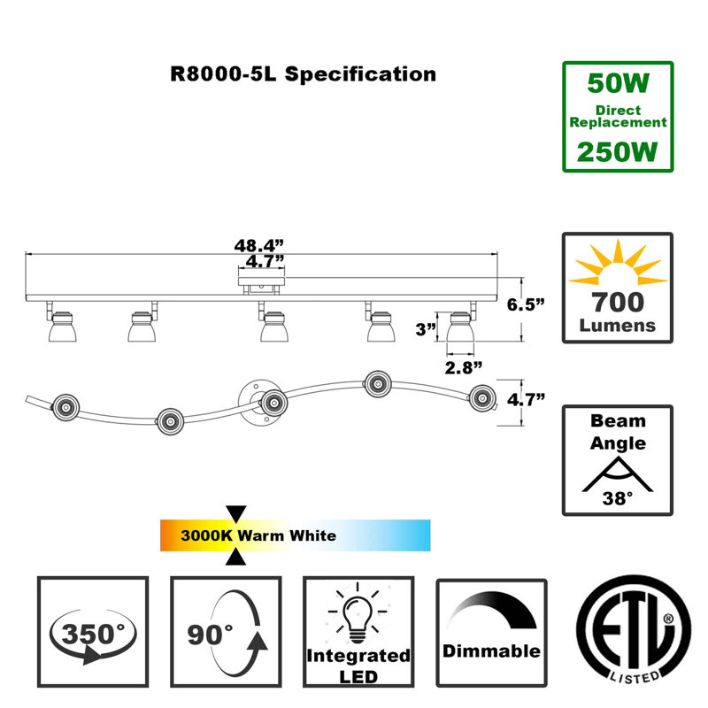 Ensemble d'éclairage sur rail 5 lumières 5 lumières R8000-5l-dbclb, Fumée, Noir