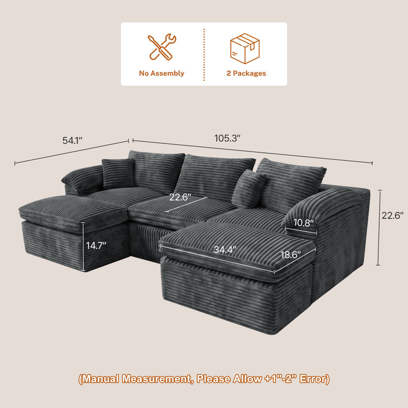 Boneless 105" Cloud Modular Sectional Sofa , Gray