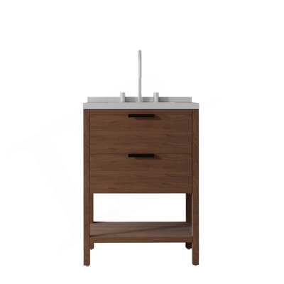 Meuble-lavabo autoportant de 61 cm avec lavabo, tiroir à fermeture amortie, comptoir et dosseret en marbre synthétique blanc granité de 5 cm, contreplaqué