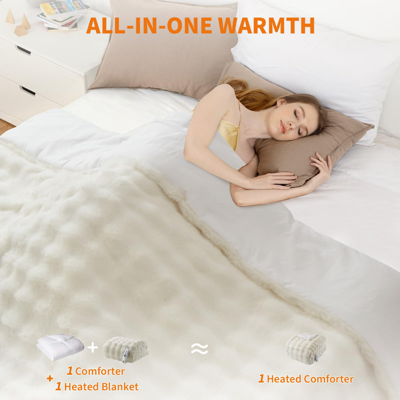 Grand édredon chauffant avec télécommande sans fil.  Couverture en fausse fourrure. 6 niveaux de chaleur et 10 heures d'arrêt automatique. Édredon d'hiver chaud et luxueux. Beige