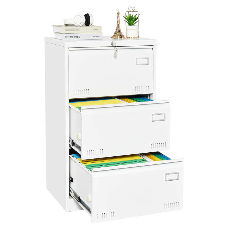 Classeur en métal blanc verrouillable, 3 tiroirs, tiroirs élargis pour un classeur de bureau efficace et sécuritaire avec serrure, tiroir en métal, poignée