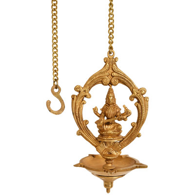 Handcrafted 9" Brass Five-Wick Saraswati Ceiling Puja Lamp with Veena Design Traditional Kerala Wisdom Goddess Hanging Light for Home Study & Temple Decor