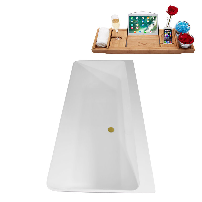 67" Streamline Soaking Freestanding Tub and Tray With Internal Drain, Brushed Gold