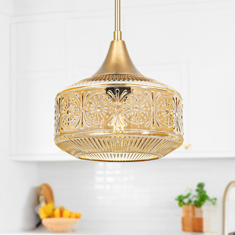 Large Amber Glass Pendant Light with Brushed Gold Finish, Adjustable Hanging Rod for Kitchen Island, Dining Room, Farmhouse & Industrial Decor