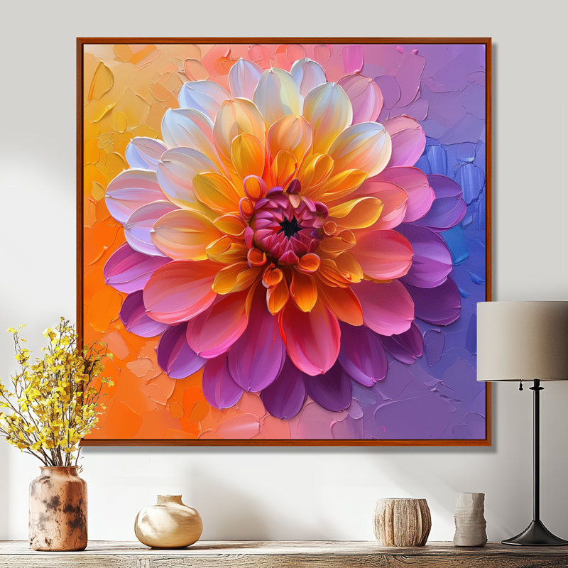 Dahlia mauve, orange et été - impression d'art mural Dahlia, Cadre flottant brun, H 16 po x l 16 po x P 1 po
