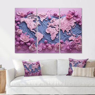 «Pink Whimsical Waters World Map I», ensemble d'art mural sur toile carte du monde