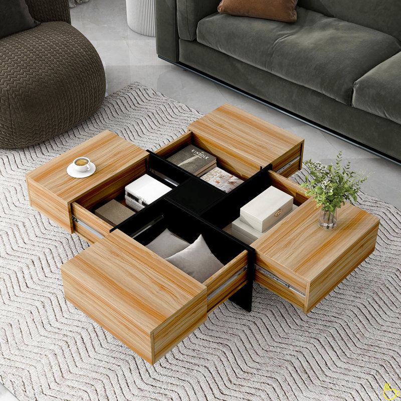 Coffee Table With 4 Hidden Storage Compartments, Square Cocktail Table With Extendable Sliding Tabletop, UV High-Gloss Design Center Table