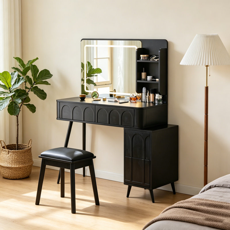 Bureau de meuble-lavabo peu encombrant avec lumières à DEL, miroir et coiffeuse à 4 tiroirs, Noir