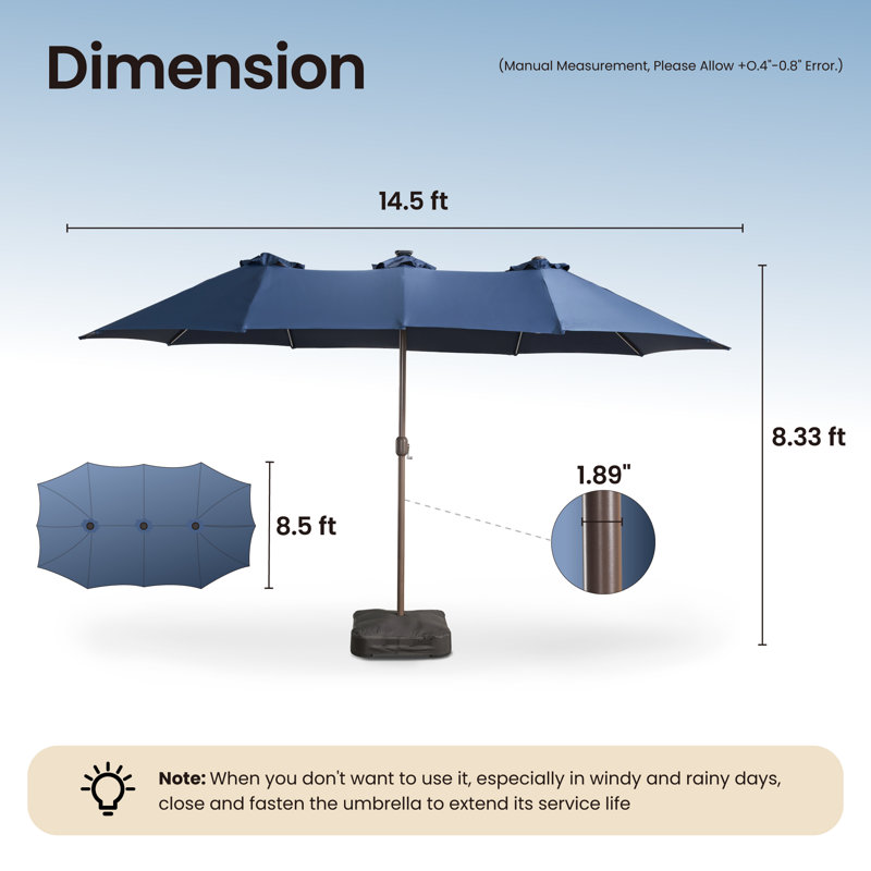 14.5 Ft X 8.3 Ft Rectangular Led Light Market Umbrella With Remote & App-Controlled Color-Changing Lights And Base, Blue