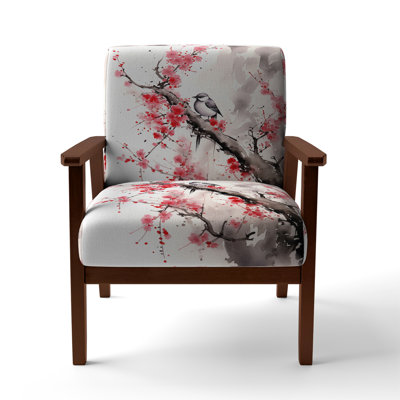 Japan Garden Bird On Tree - Upholstered Japanese Accent Arm Chair