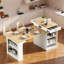 Îlot de cuisine avec table de salle à manger extensible, rangement double face, 2 tiroirs, prise de courant et tablettes latérales ouvertes