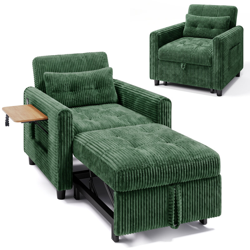 Fauteuil d'appoint convertible 3 en 1 avec port de charge USB et table d'appoint, fauteuil en velours côtelé pour le salon et la chambre à coucher