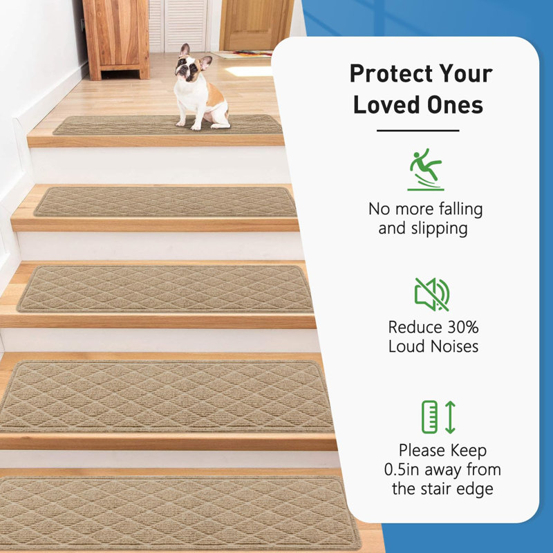 Beige Polyester Non-Slip Stair Treads with TPR Backing, 15 Pack