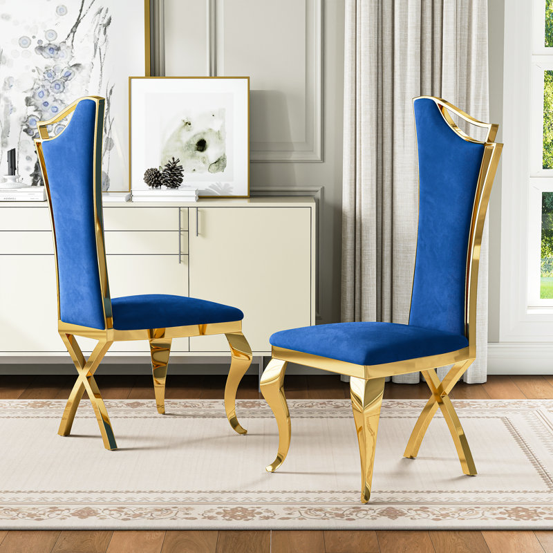 Chaises d'appoint rembourrées King Louis - Conception sans dossier à haut dossier avec pieds en acier inoxydable,  Bleu, Doré