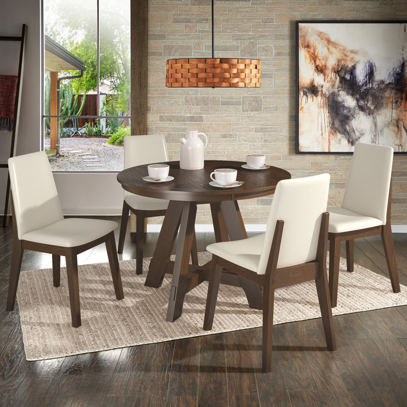 Brookins 42"-60" Extendable Round Dining Set With Vegan Leather Upholstered Chairs, Walnut