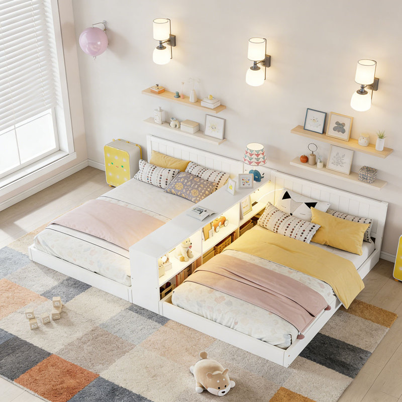 Double Twin Size Bed Frame with Storage,Twin Floor Bed with Light & Charging Station, White