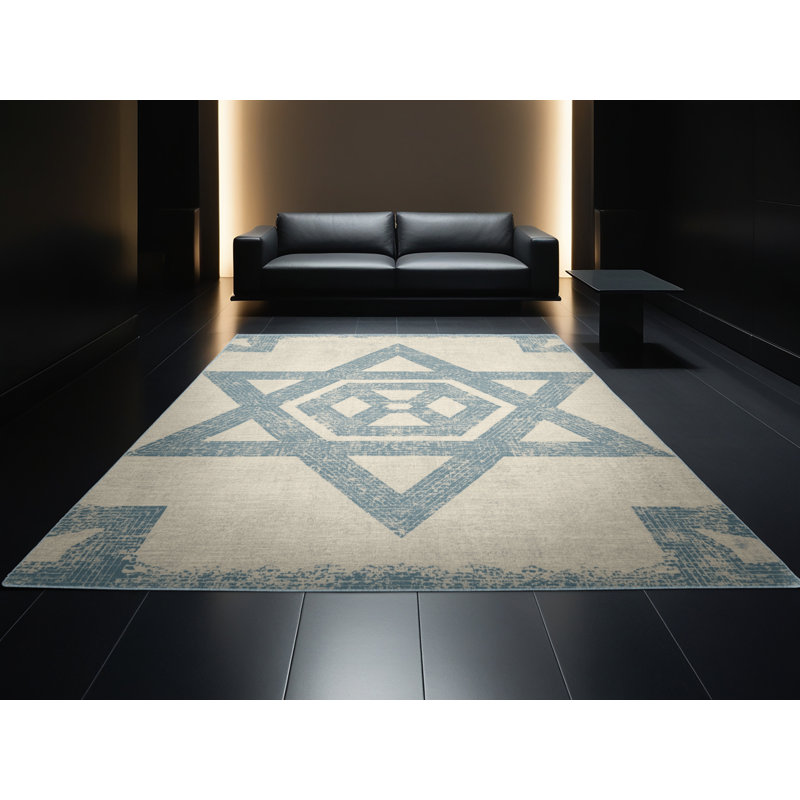 Machine Washable Alderamin Hanukkah Modern & Contemporary Abstract Rug in Beige – SkyBlue Binding, 5x8