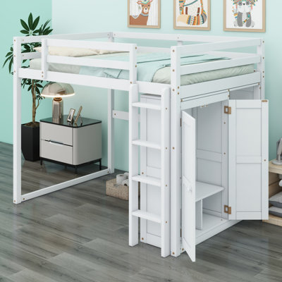 Lit mezzanine avec garde-robe intégré et tablettes de rangement, lumière DEL