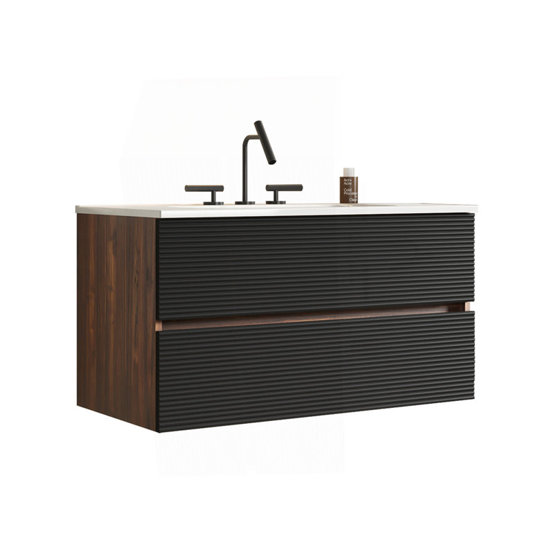 Meuble-lavabo mural noir et noyer 36 po Gloria avec lavabo intégré en céramique à 3 trous, Noir / brun, 36"
