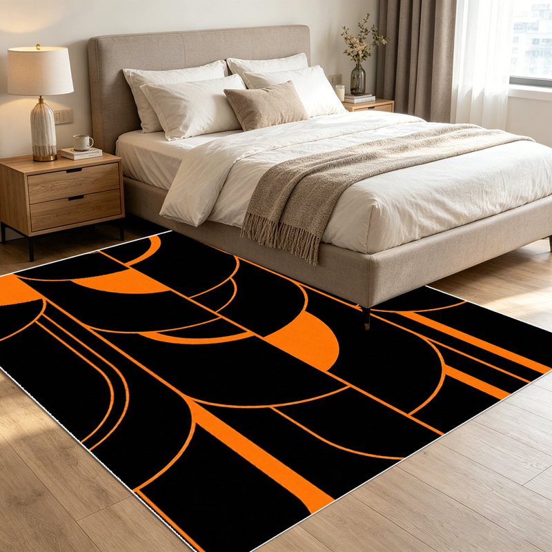 1PC Black and Orange Minimalist Geometric Abstract Line & Circle Pattern area rugs for Living Room, Soft and Comfortable, Suitable for all seasons, easy-to-maintain, machine washable Indoor floor mat, Under Table Farmhouse suitable for dining table,...