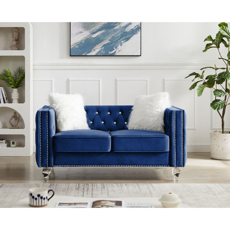 Causeuse rembourrée 60 po en velours avec 2 coussins décoratifs 60 po, Bleu