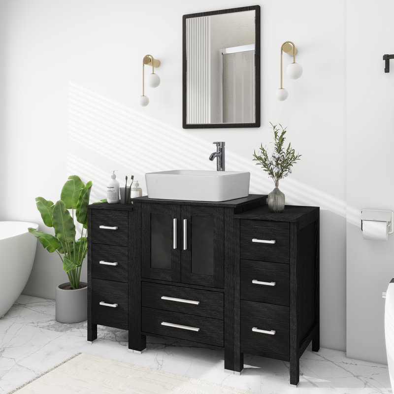 Sharee Freestanding Single Bathroom Vanity With Vessel Sink, Manufactured Wood Top, 2 Side Cabinets, Black
