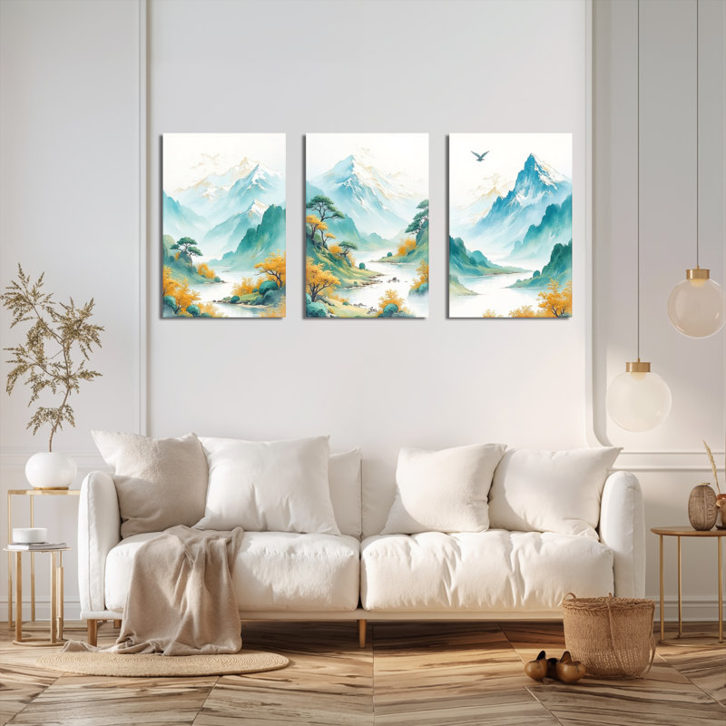 Paysage de montagne, aquarelle sur toile, reproduction de peinture à l'encre de Chine (ensemble de 3), H 24 po x l 48 po